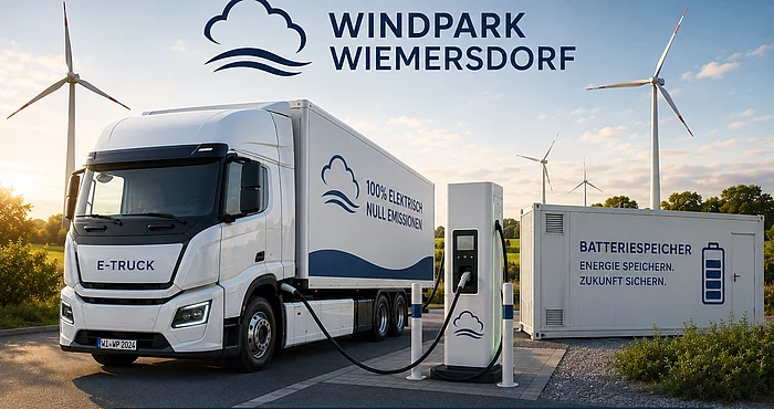 Elektrischer Lkw an einer Ladesäule mit Batteriespeicher und Windenergieanlagen im Windpark Wiemersdorf
