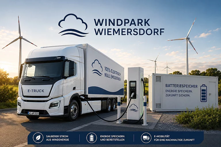 Elektrischer Lkw an einer Ladesäule mit Batteriespeicher und Windenergieanlagen im Windpark Wiemersdorf